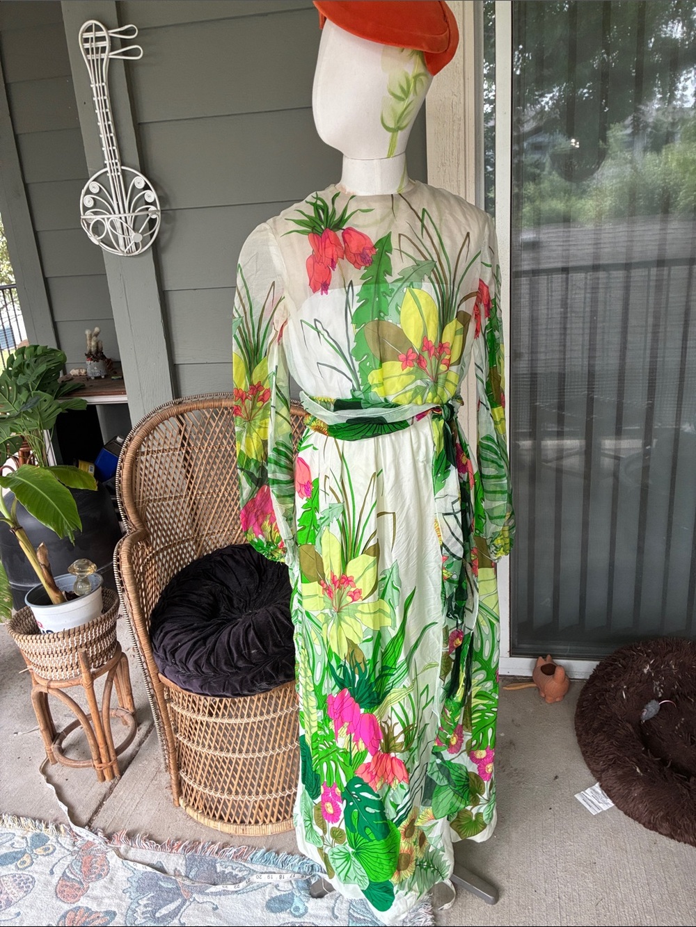 Vintage Kiki Hart Tropical Floral Silk Chiffon Maxi Dress | No Label | Fits XS/S